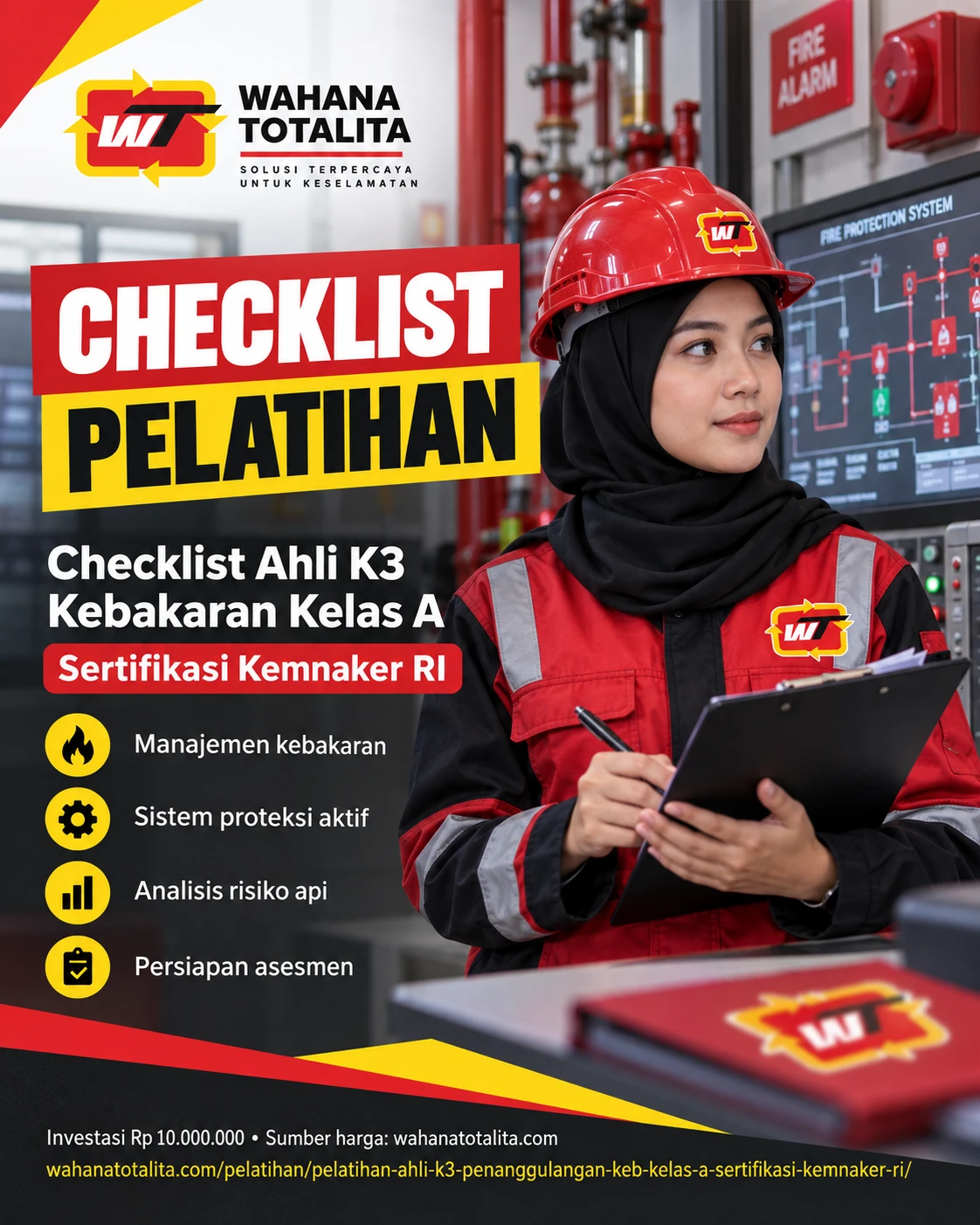 Poster Ahli K3 Kebakaran Kelas A Sertifikasi Kemnaker RI — Checklist Pelatihan oleh Wahana Totalita