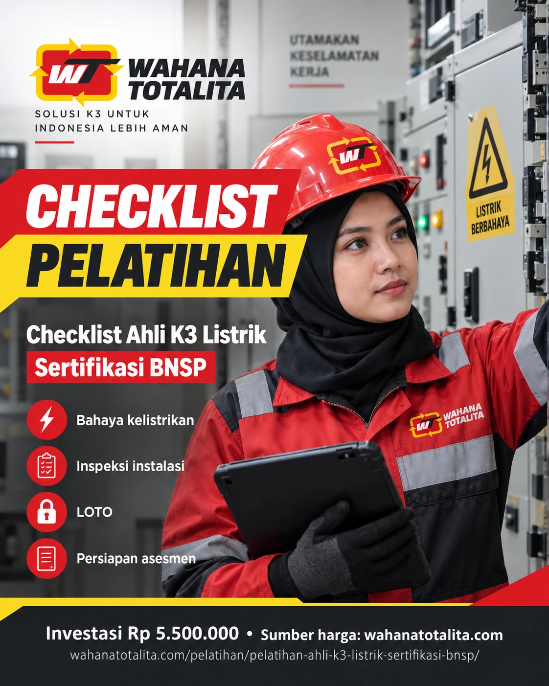 Poster Ahli K3 Listrik Sertifikasi BNSP — Checklist Pelatihan oleh Wahana Totalita