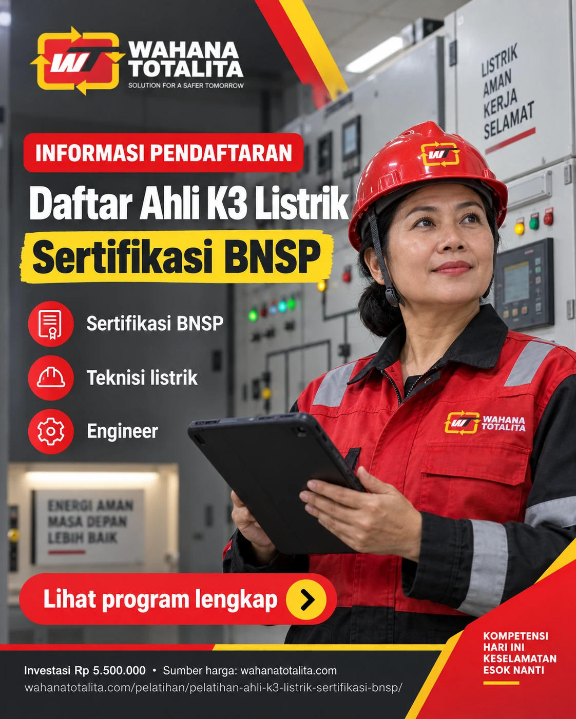 Poster Ahli K3 Listrik Sertifikasi BNSP — Informasi Pendaftaran oleh Wahana Totalita