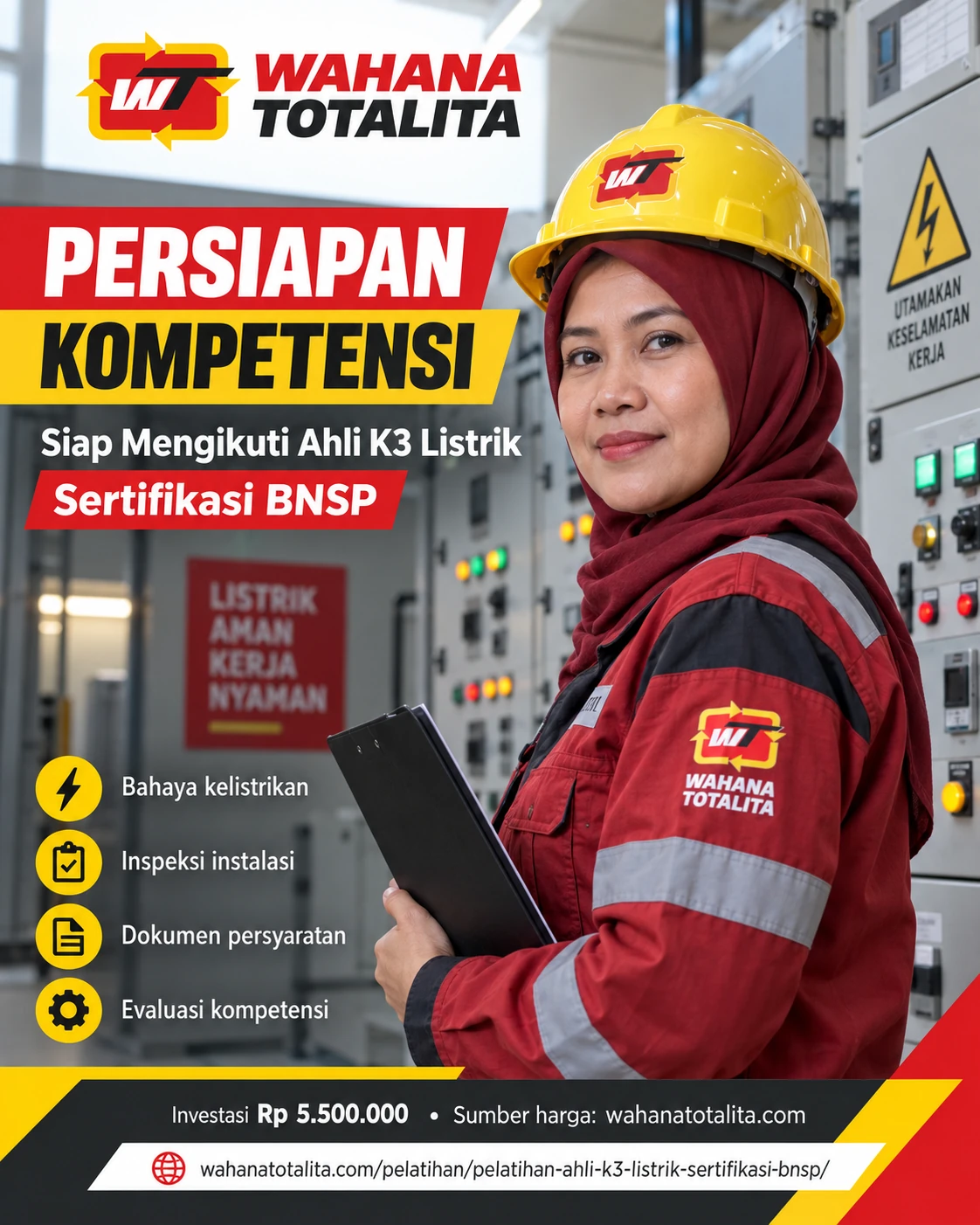 Poster Ahli K3 Listrik Sertifikasi BNSP — Persiapan Kompetensi oleh Wahana Totalita
