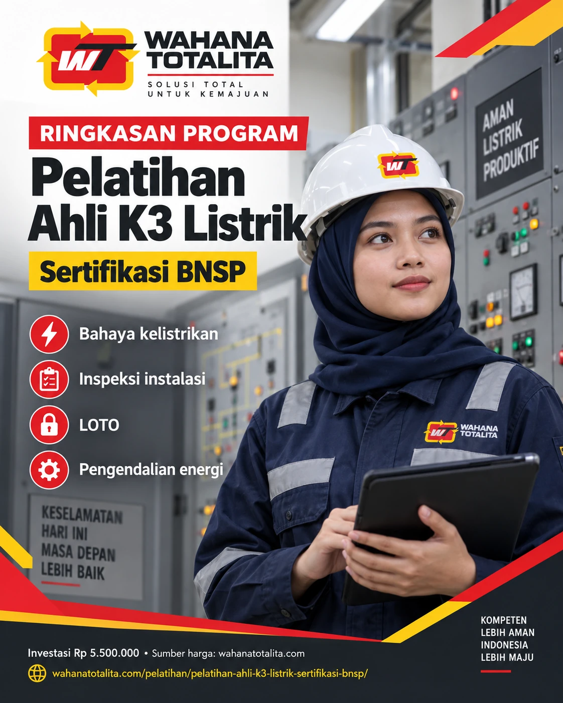 Poster Ahli K3 Listrik Sertifikasi BNSP — Ringkasan Program oleh Wahana Totalita