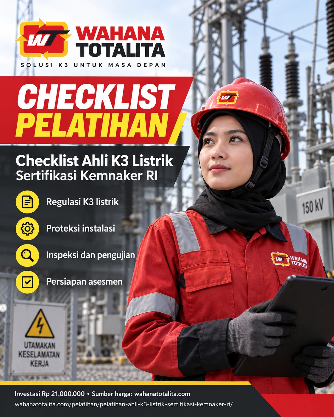 Poster Ahli K3 Listrik Sertifikasi Kemnaker RI — Checklist Pelatihan oleh Wahana Totalita