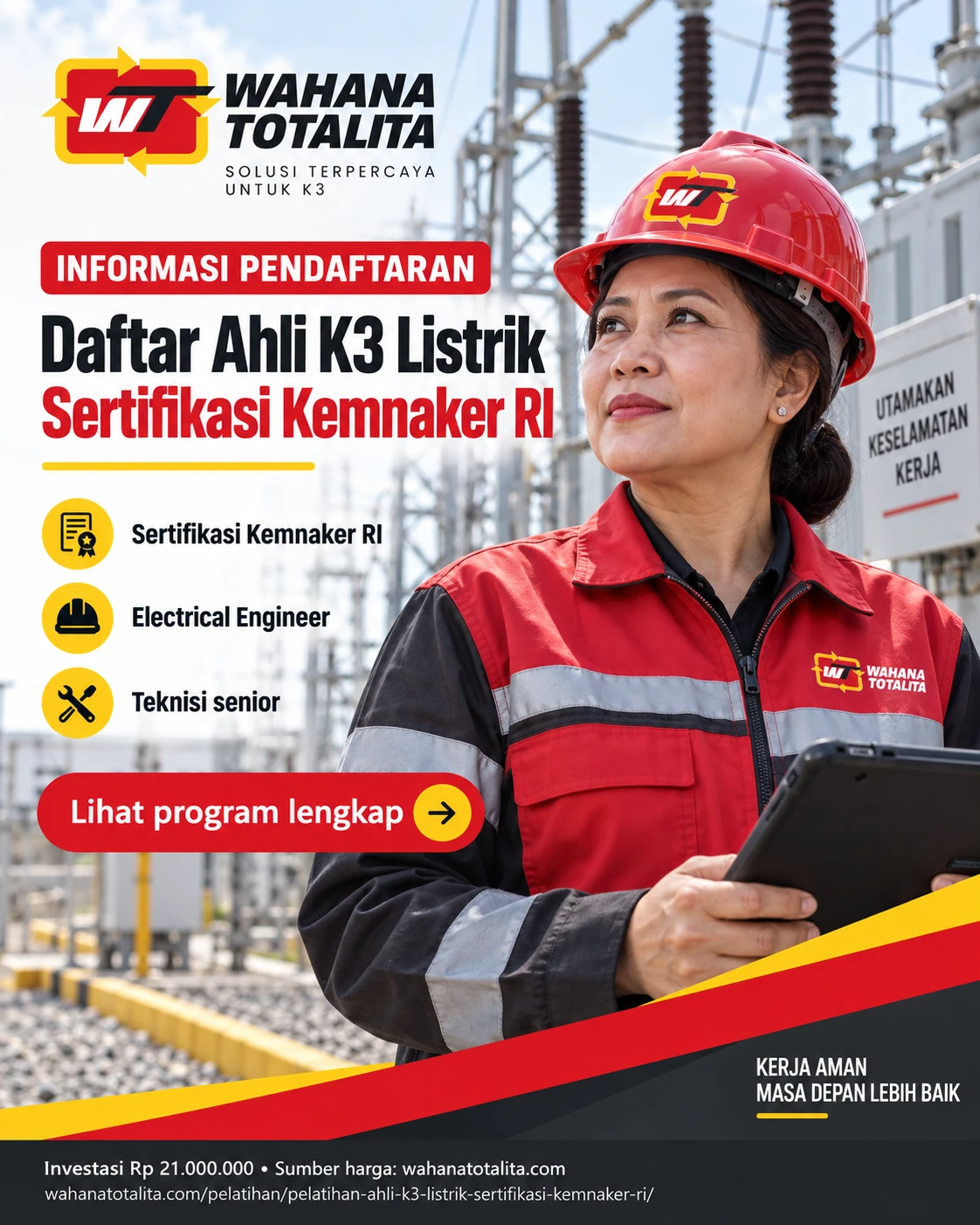 Poster Ahli K3 Listrik Sertifikasi Kemnaker RI — Informasi Pendaftaran oleh Wahana Totalita