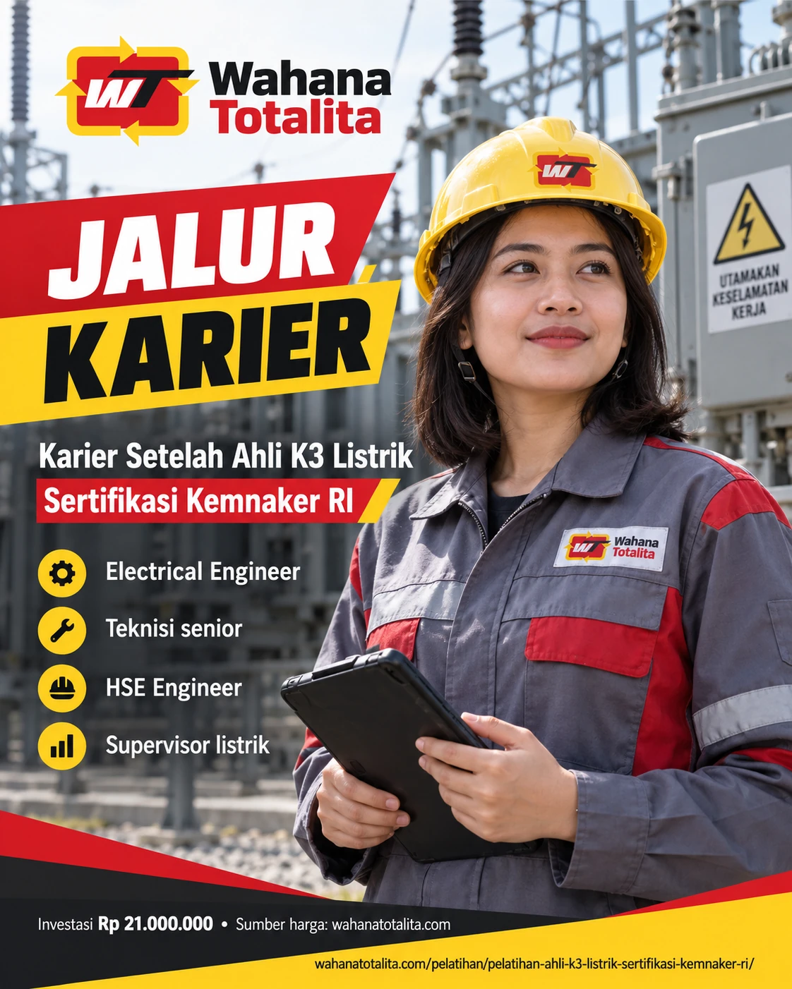 Poster Ahli K3 Listrik Sertifikasi Kemnaker RI — Jalur Karier oleh Wahana Totalita