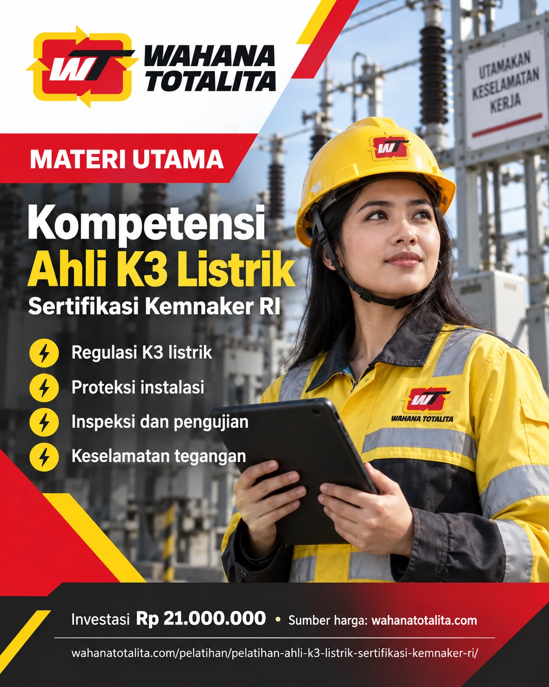 Poster Ahli K3 Listrik Sertifikasi Kemnaker RI — Materi Utama oleh Wahana Totalita