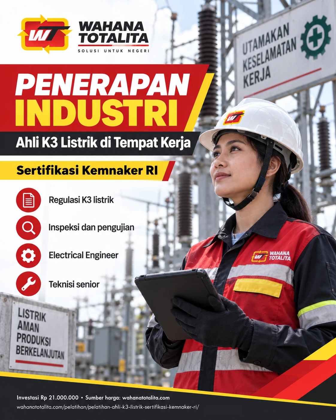 Poster Ahli K3 Listrik Sertifikasi Kemnaker RI — Penerapan di Tempat Kerja oleh Wahana Totalita