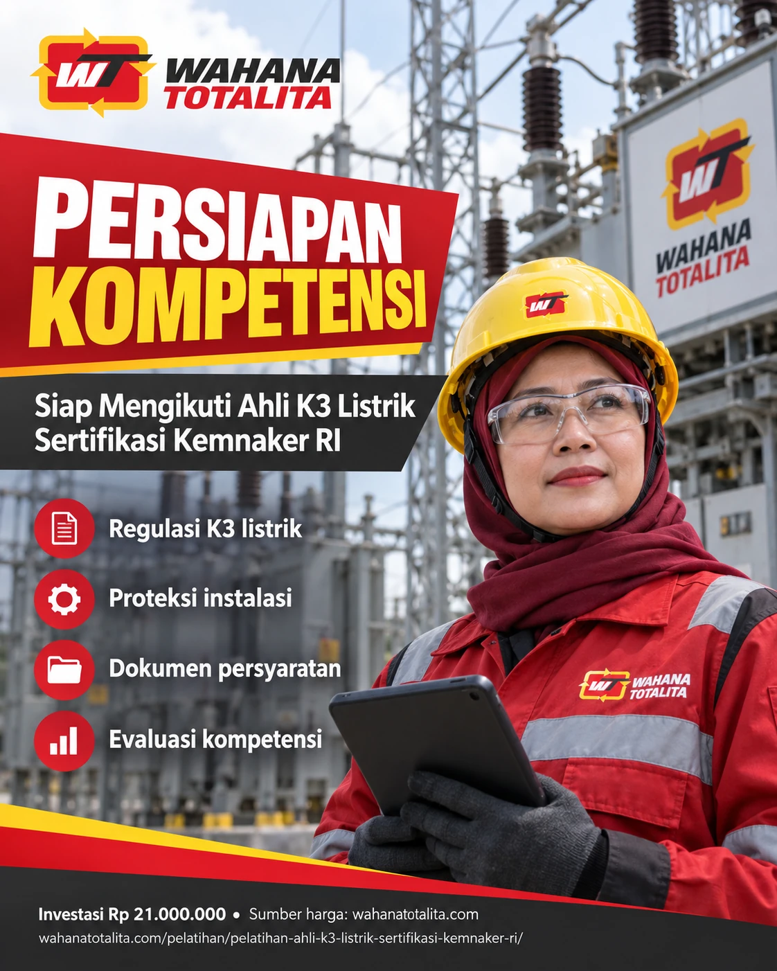 Poster Ahli K3 Listrik Sertifikasi Kemnaker RI — Persiapan Kompetensi oleh Wahana Totalita