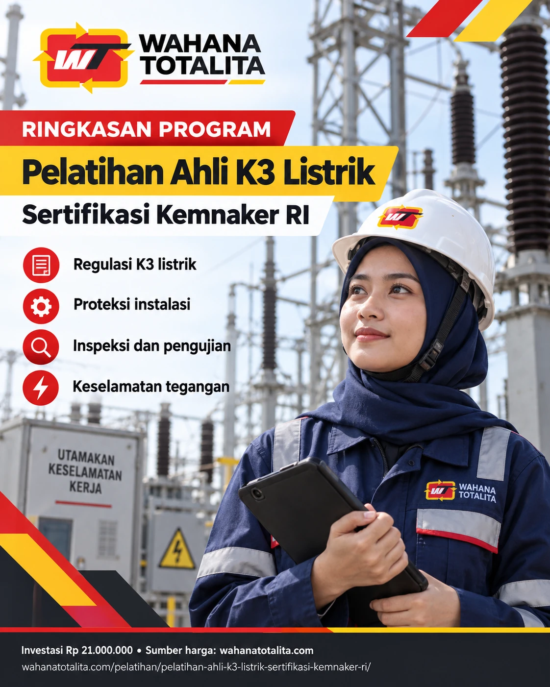 Poster Ahli K3 Listrik Sertifikasi Kemnaker RI — Ringkasan Program oleh Wahana Totalita