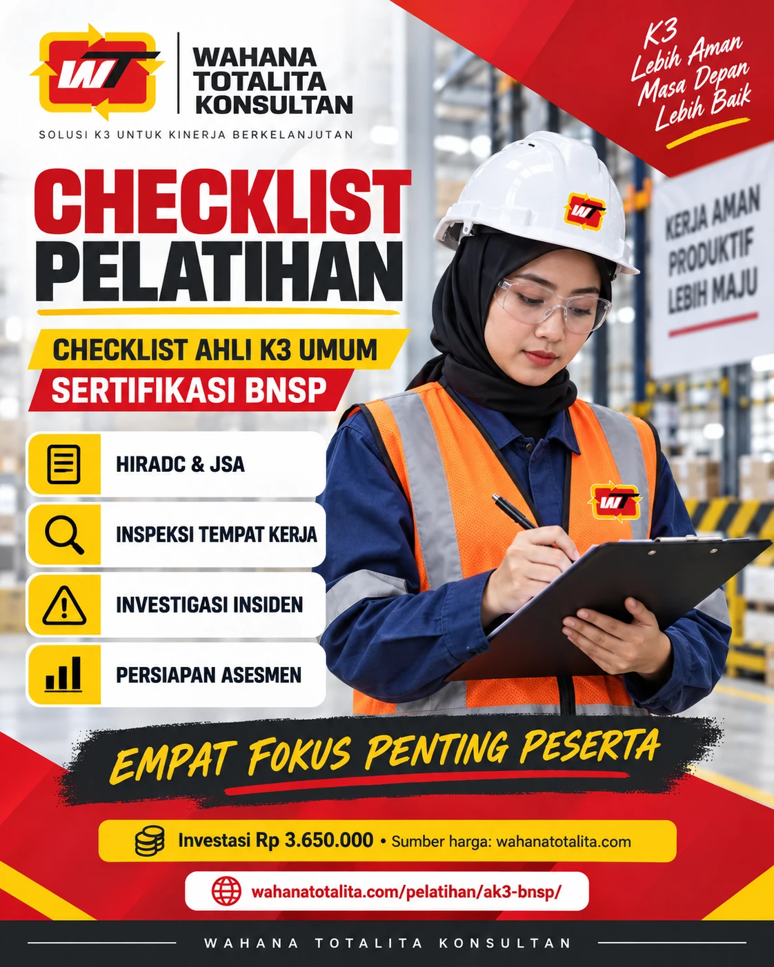 Poster Ahli K3 Umum Sertifikasi BNSP — Checklist Pelatihan oleh Wahana Totalita