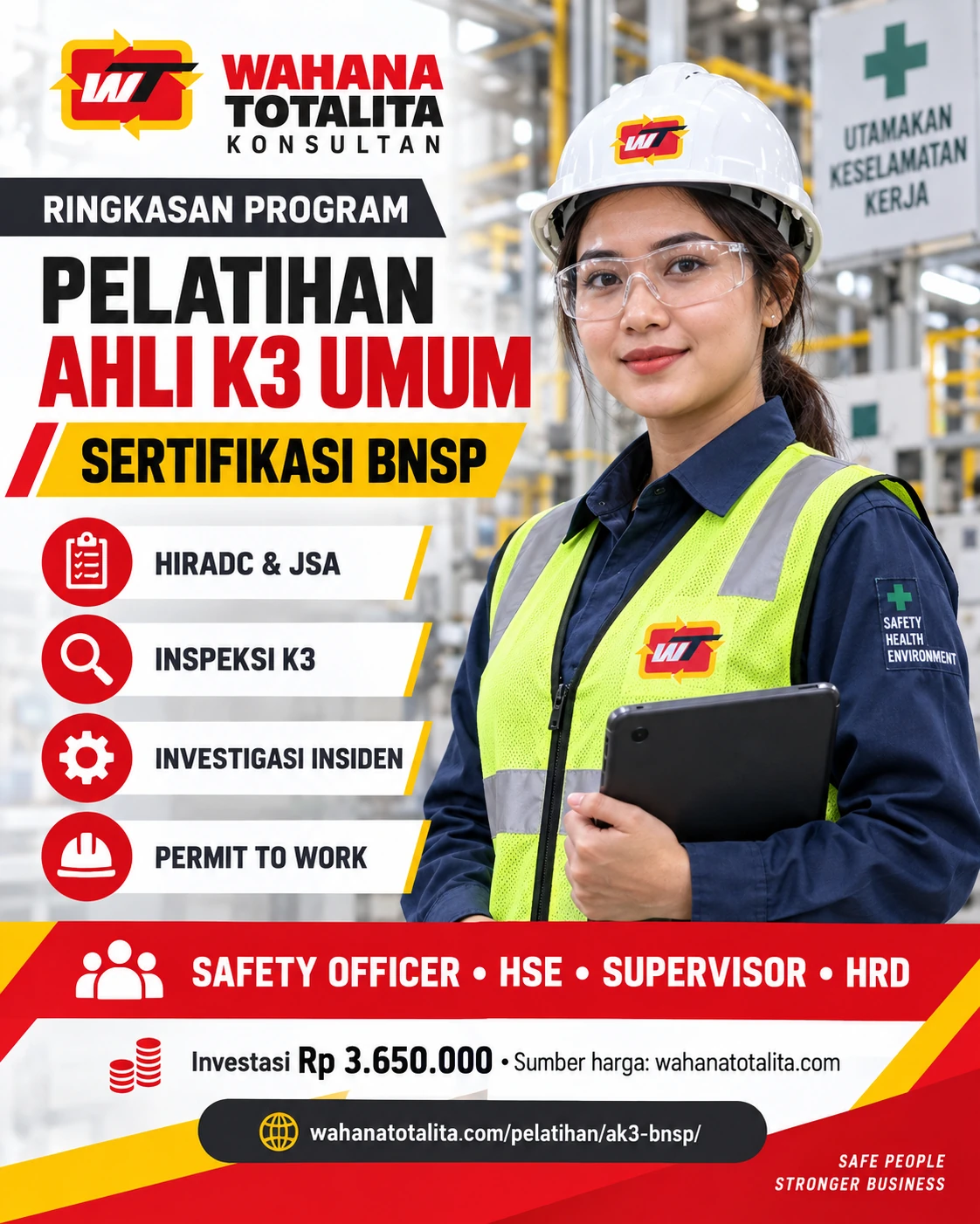Poster Ahli K3 Umum Sertifikasi BNSP — Ringkasan Program oleh Wahana Totalita