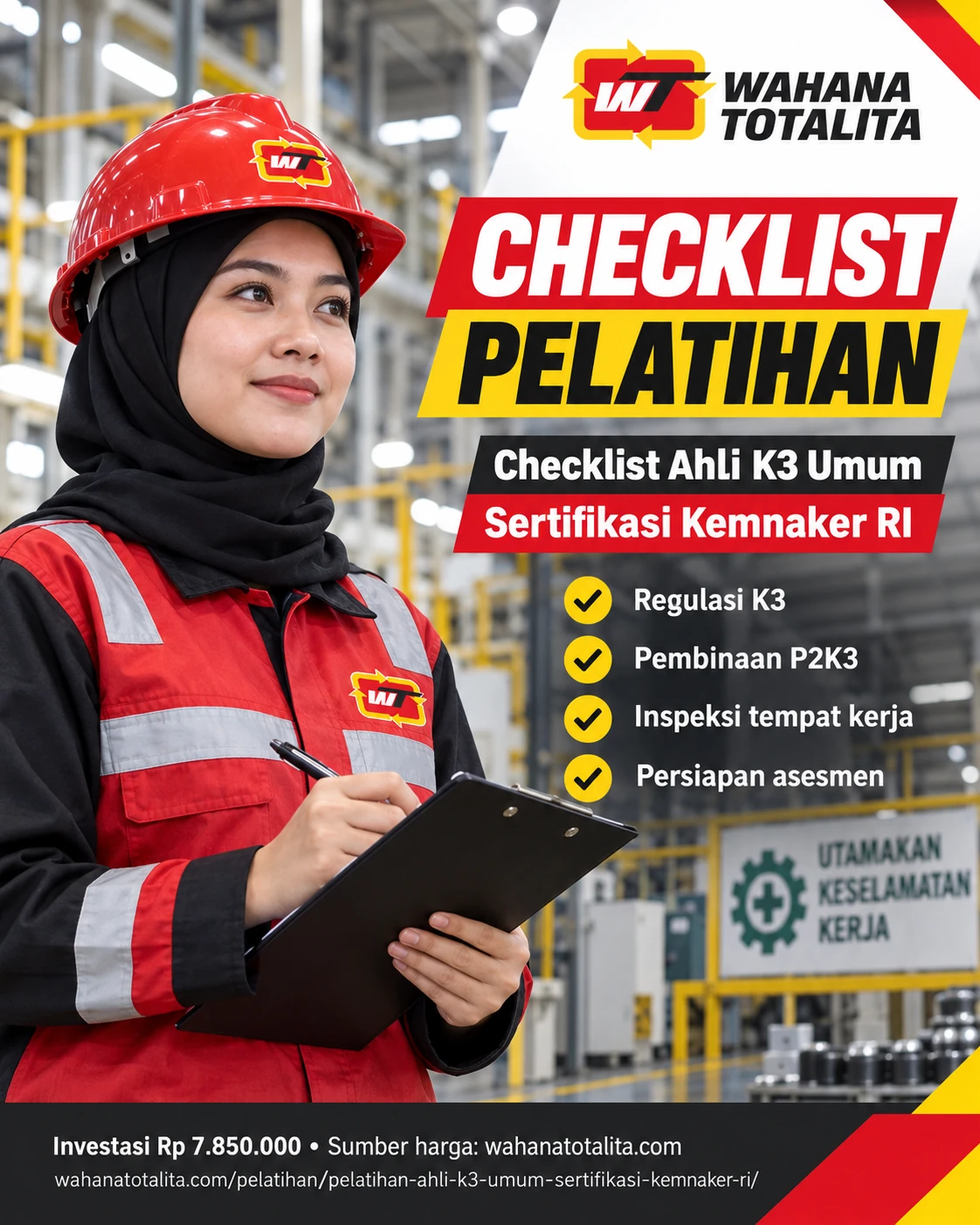 Poster Ahli K3 Umum Sertifikasi Kemnaker RI — Checklist Pelatihan oleh Wahana Totalita