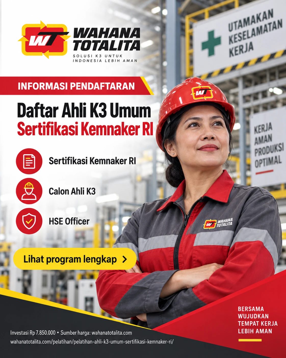 Poster Ahli K3 Umum Sertifikasi Kemnaker RI — Informasi Pendaftaran oleh Wahana Totalita