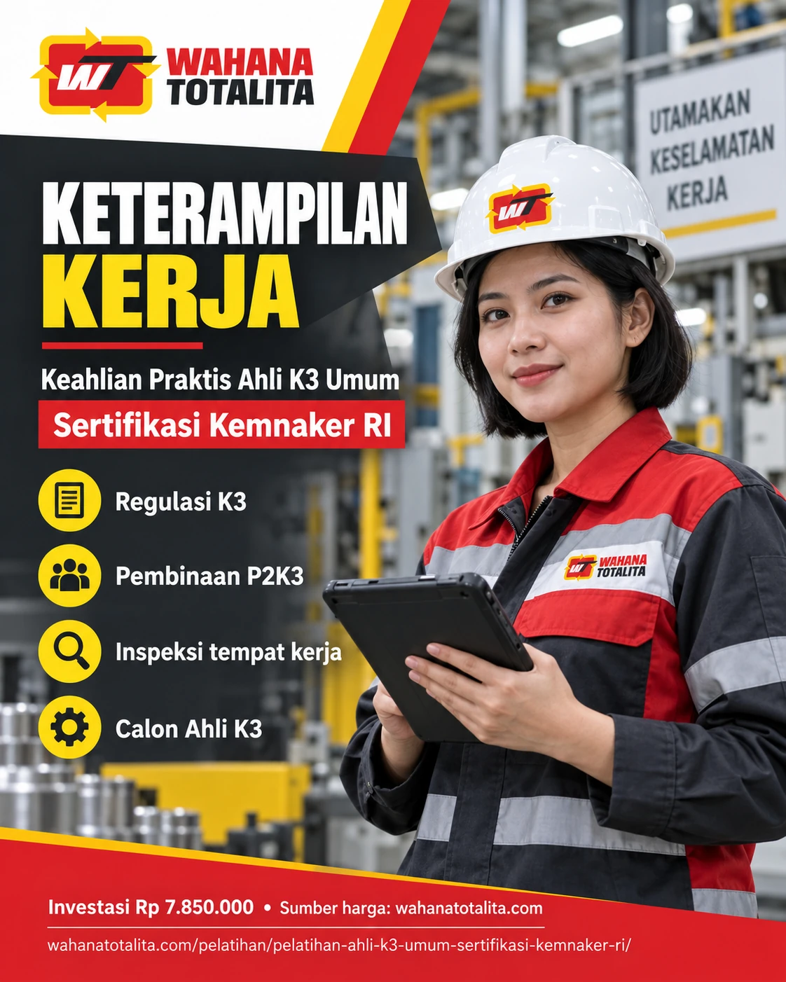 Poster Ahli K3 Umum Sertifikasi Kemnaker RI — Keterampilan Praktis oleh Wahana Totalita