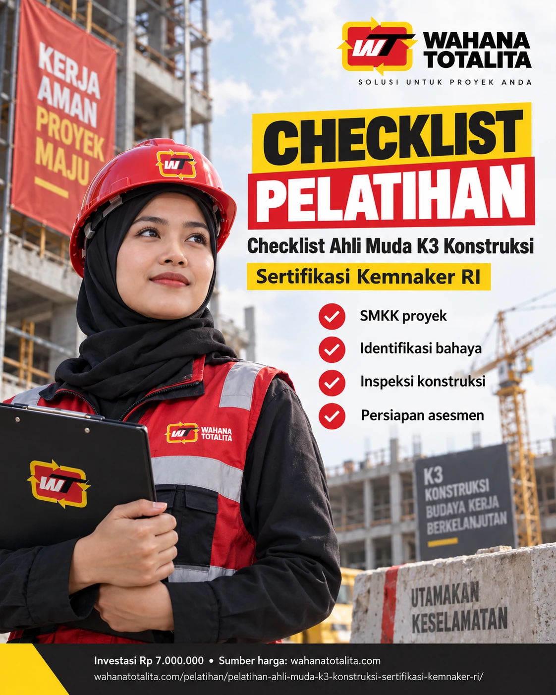 Poster Ahli Muda K3 Konstruksi Sertifikasi Kemnaker RI — Checklist Pelatihan oleh Wahana Totalita
