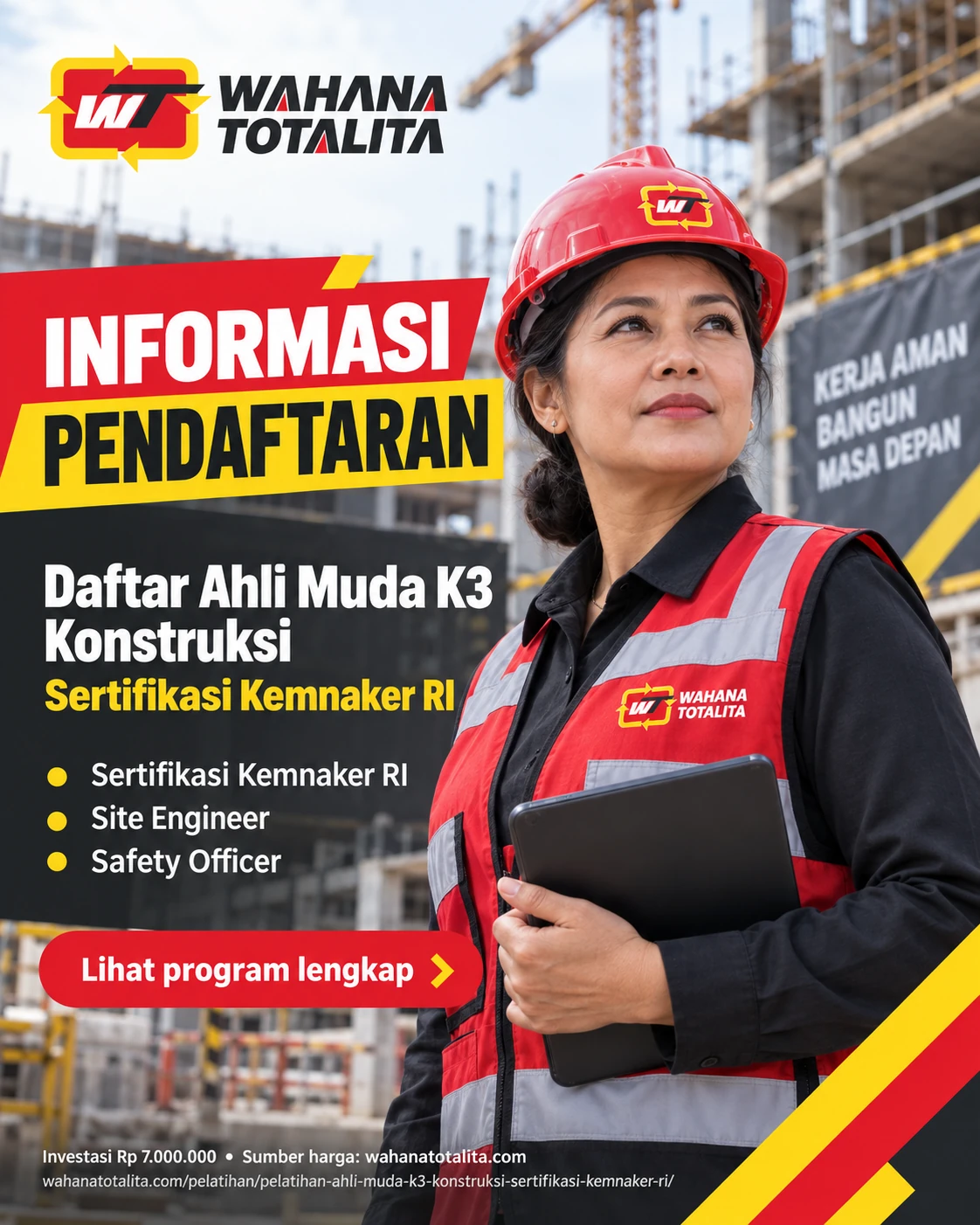 Poster Ahli Muda K3 Konstruksi Sertifikasi Kemnaker RI — Informasi Pendaftaran oleh Wahana Totalita