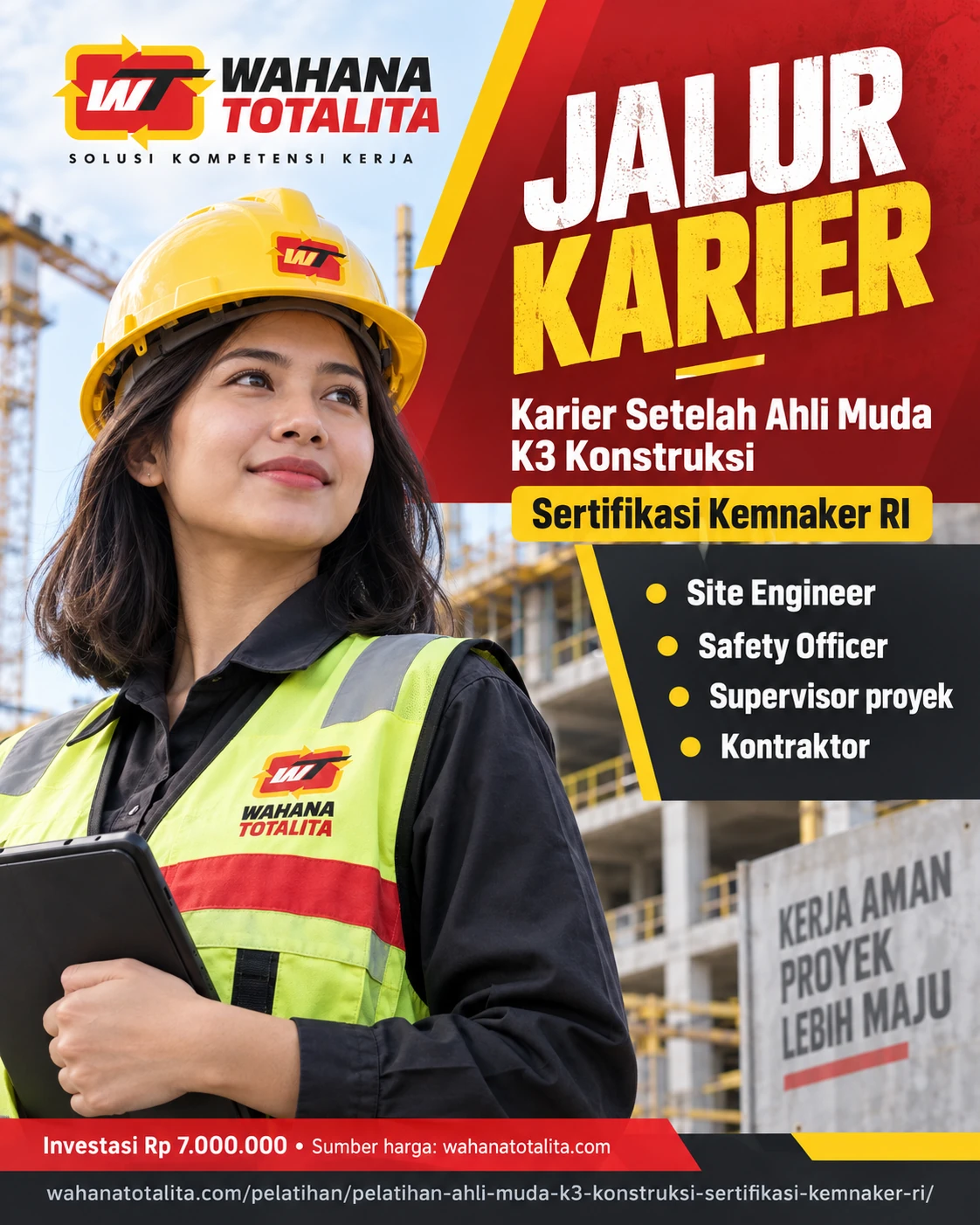 Poster Ahli Muda K3 Konstruksi Sertifikasi Kemnaker RI — Jalur Karier oleh Wahana Totalita