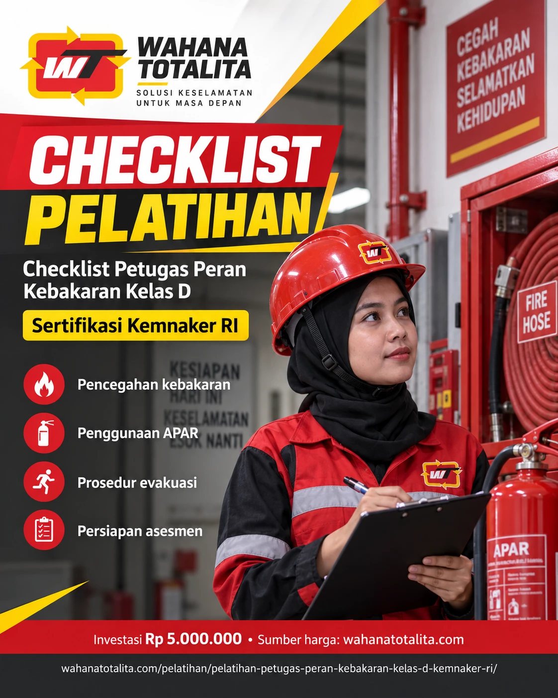 Poster Petugas Peran Kebakaran Kelas D Sertifikasi Kemnaker RI — Checklist Pelatihan oleh Wahana Totalita