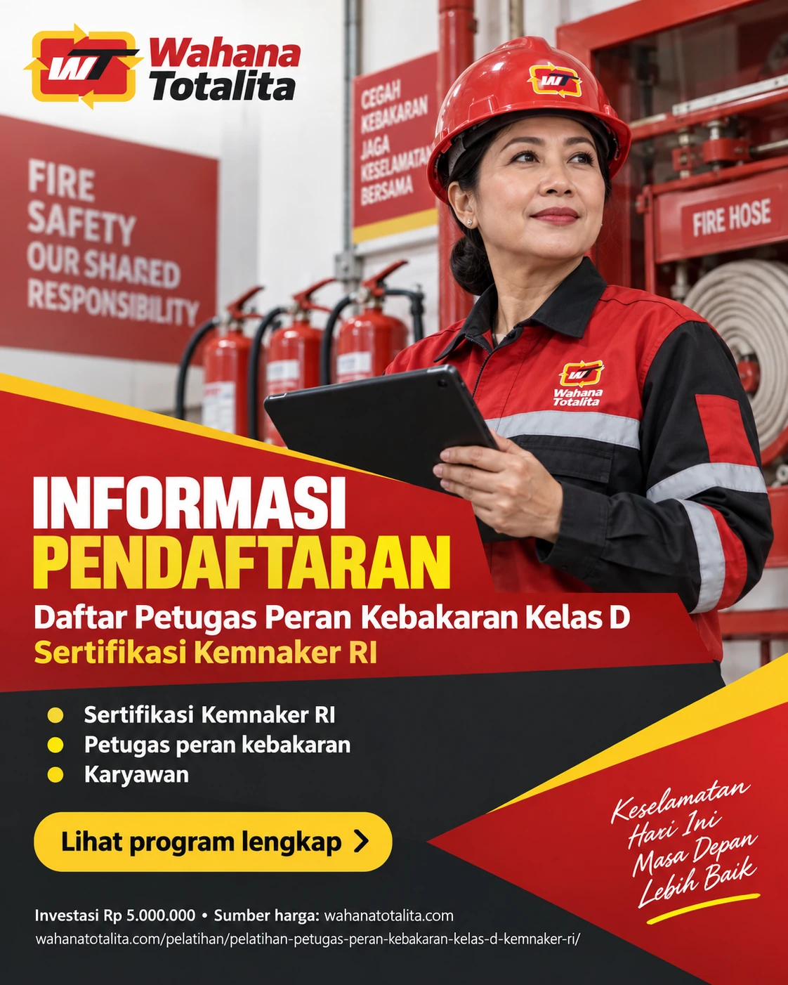 Poster Petugas Peran Kebakaran Kelas D Sertifikasi Kemnaker RI — Informasi Pendaftaran oleh Wahana Totalita