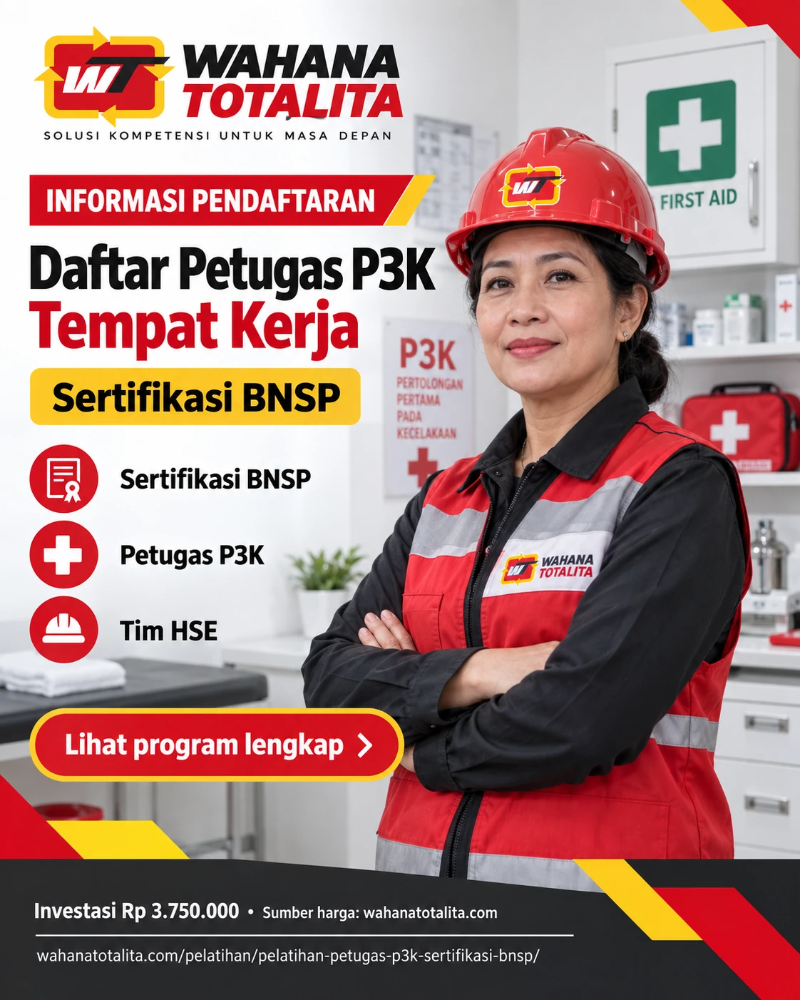 Poster Petugas P3K Tempat Kerja Sertifikasi BNSP — Informasi Pendaftaran oleh Wahana Totalita