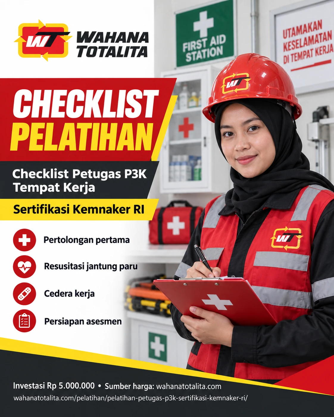 Poster Petugas P3K Tempat Kerja Sertifikasi Kemnaker RI — Checklist Pelatihan oleh Wahana Totalita