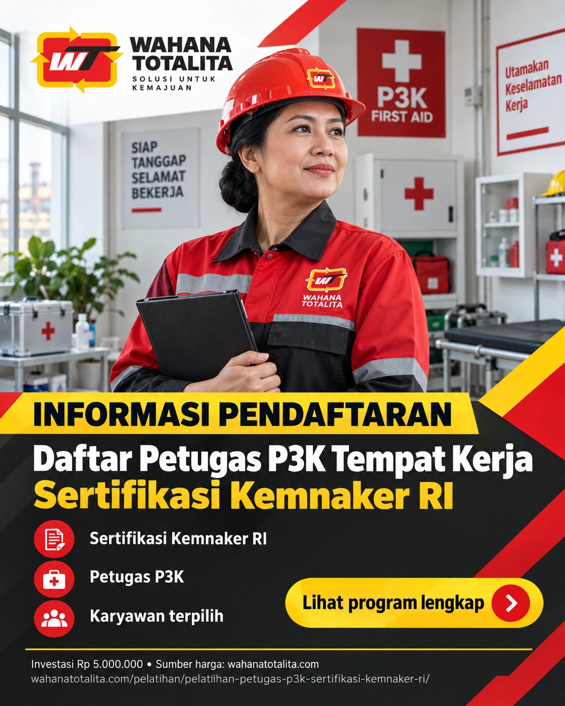 Poster Petugas P3K Tempat Kerja Sertifikasi Kemnaker RI — Informasi Pendaftaran oleh Wahana Totalita
