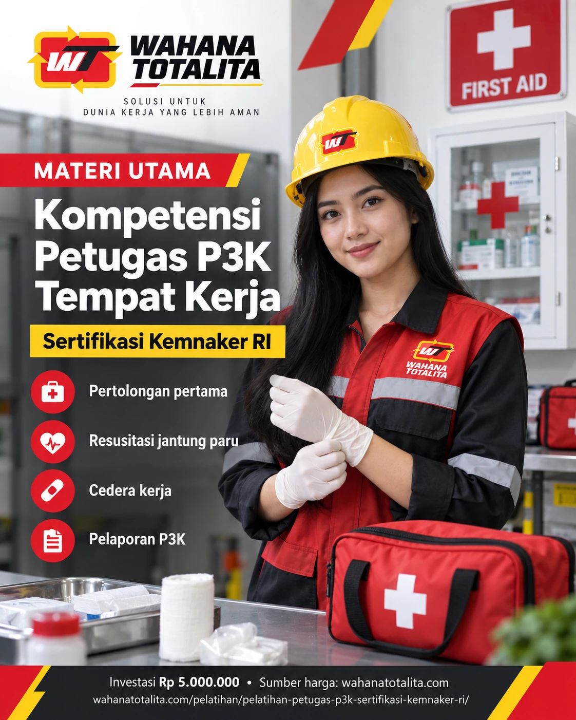 Poster Petugas P3K Tempat Kerja Sertifikasi Kemnaker RI — Materi Utama oleh Wahana Totalita