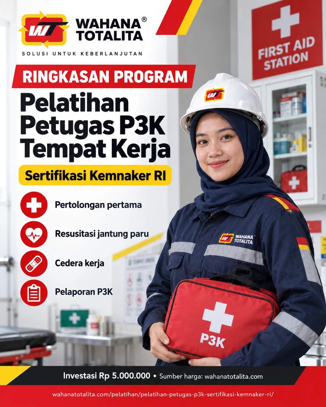 Poster Petugas P3K Tempat Kerja Sertifikasi Kemnaker RI — Ringkasan Program oleh Wahana Totalita