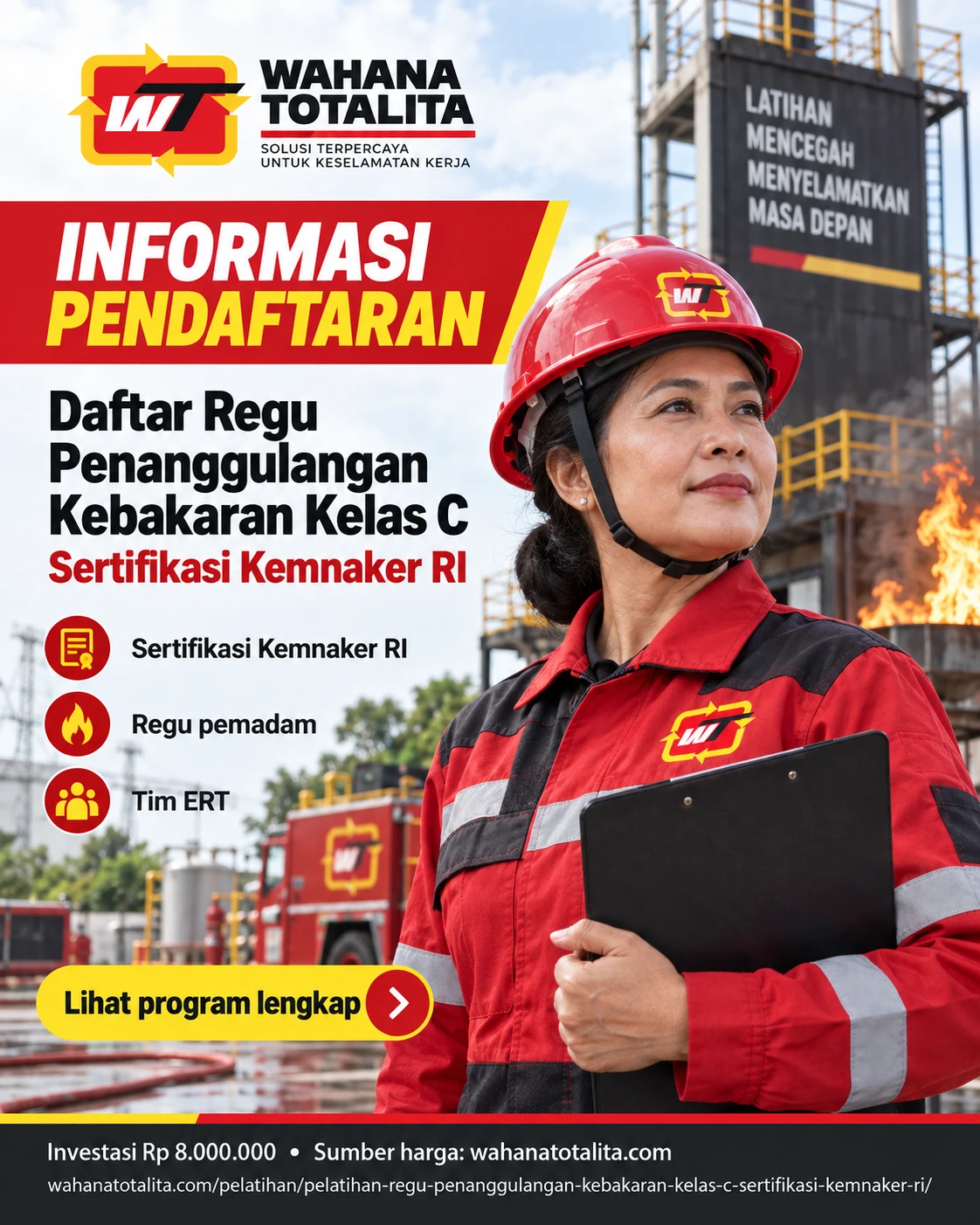 Poster Regu Penanggulangan Kebakaran Kelas C Sertifikasi Kemnaker RI — Informasi Pendaftaran oleh Wahana Totalita