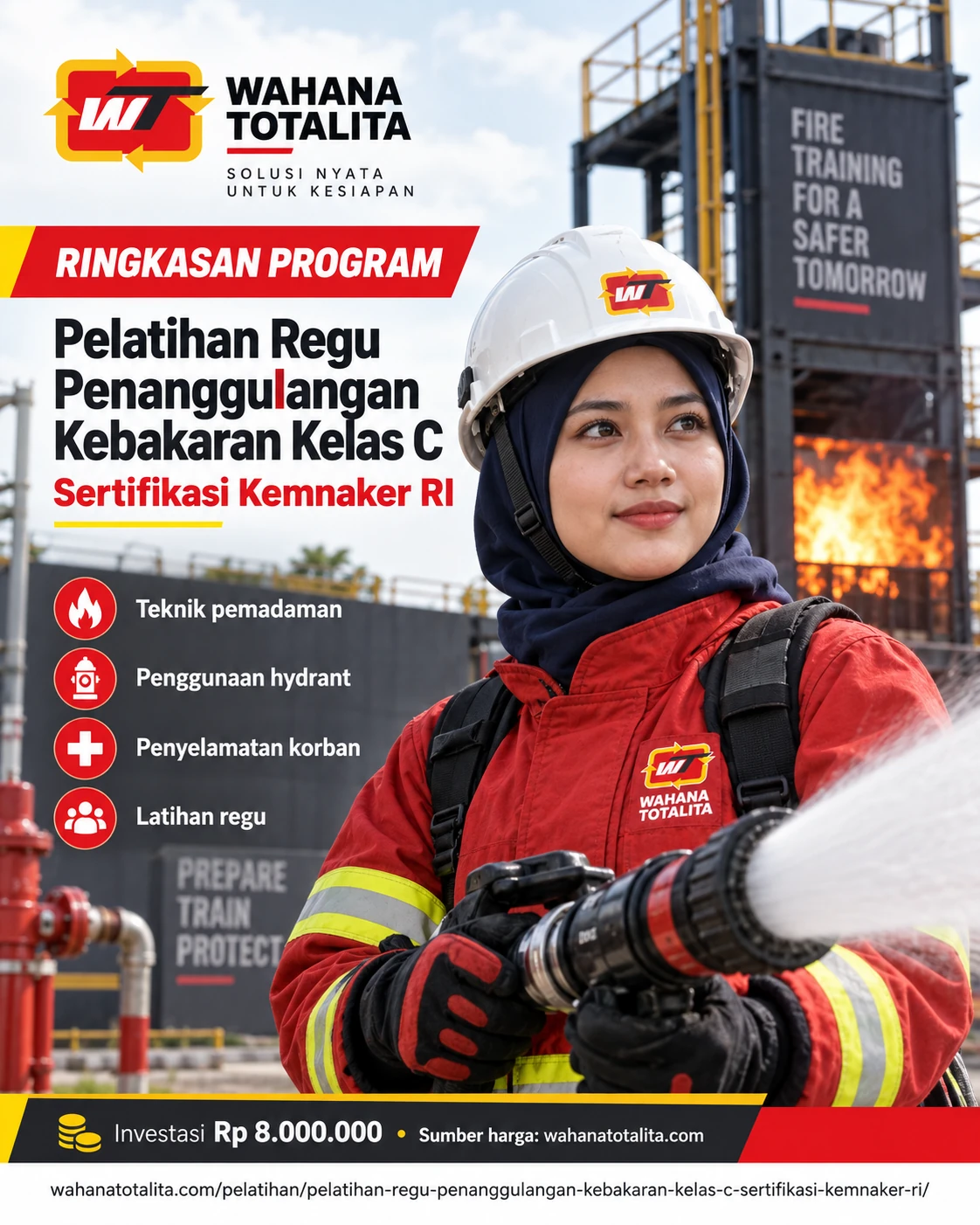 Poster Regu Penanggulangan Kebakaran Kelas C Sertifikasi Kemnaker RI — Ringkasan Program oleh Wahana Totalita