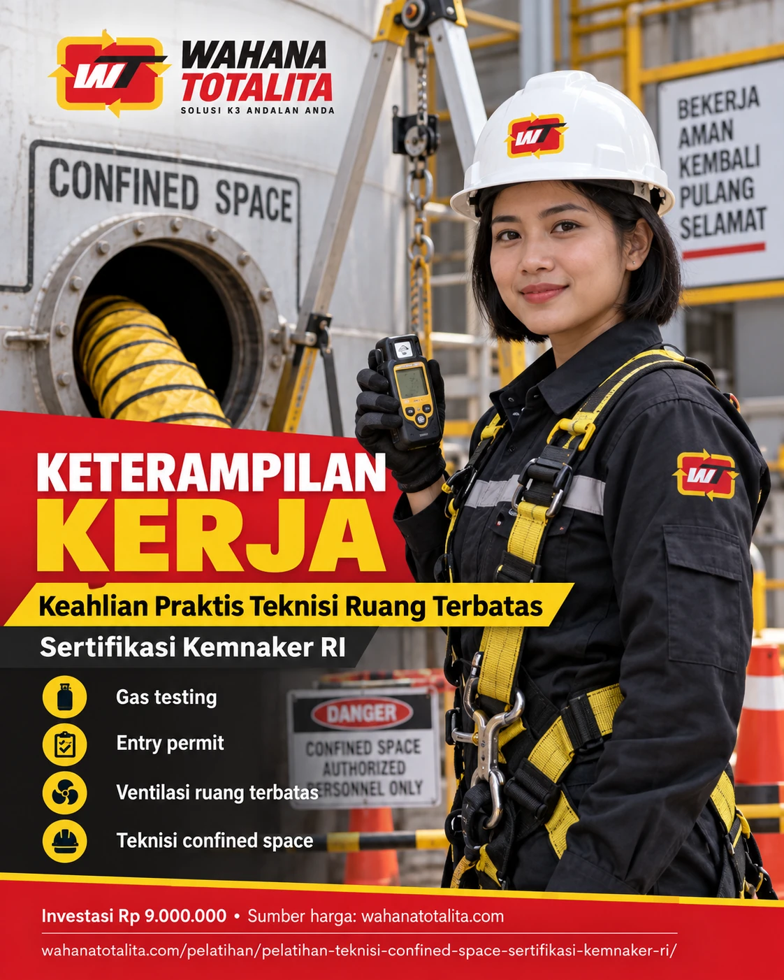 Poster Teknisi Ruang Terbatas Sertifikasi Kemnaker RI — Keterampilan Praktis oleh Wahana Totalita