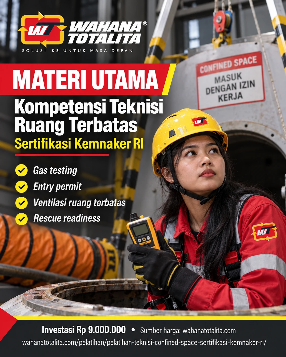 Poster Teknisi Ruang Terbatas Sertifikasi Kemnaker RI — Materi Utama oleh Wahana Totalita