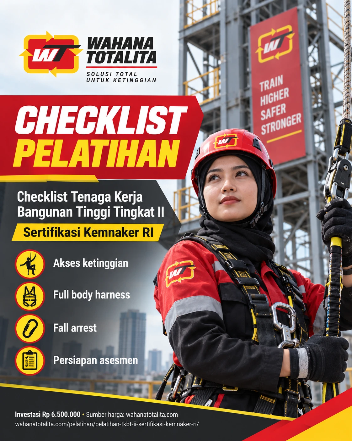 Poster Tenaga Kerja Bangunan Tinggi Tingkat II Sertifikasi Kemnaker RI — Checklist Pelatihan oleh Wahana Totalita