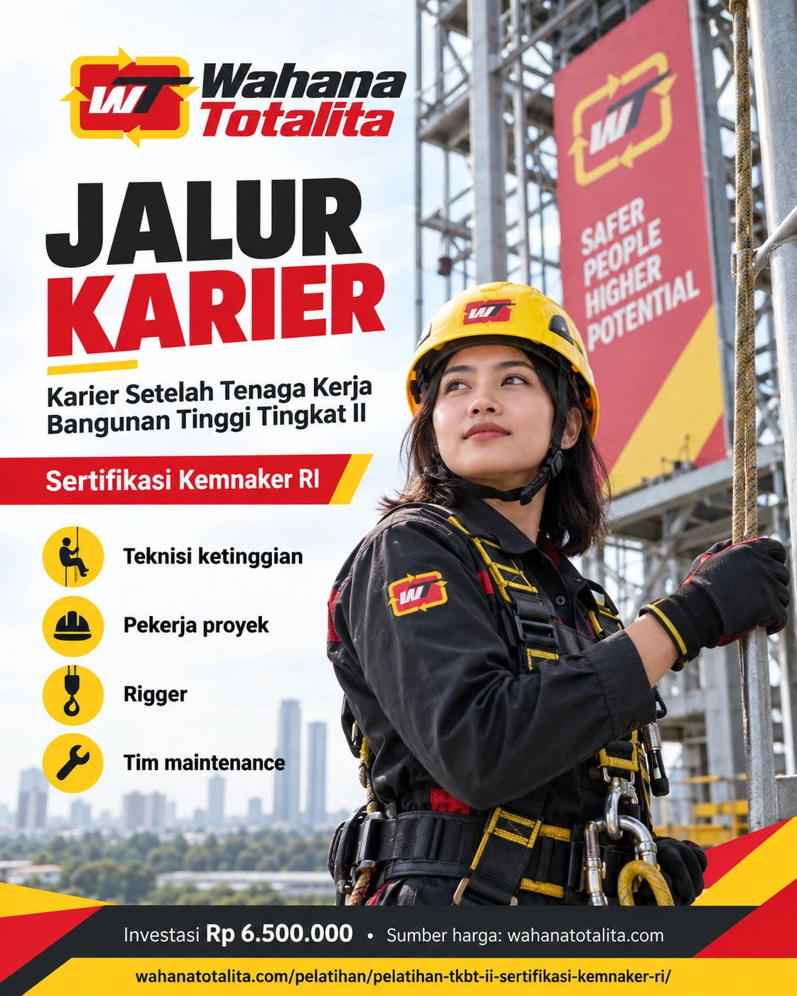 Poster Tenaga Kerja Bangunan Tinggi Tingkat II Sertifikasi Kemnaker RI — Jalur Karier oleh Wahana Totalita