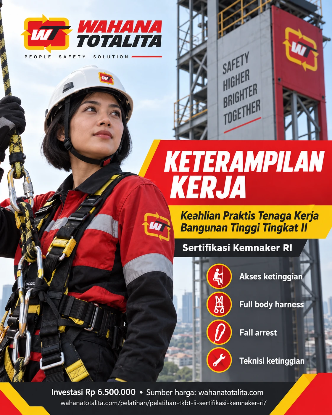 Poster Tenaga Kerja Bangunan Tinggi Tingkat II Sertifikasi Kemnaker RI — Keterampilan Praktis oleh Wahana Totalita