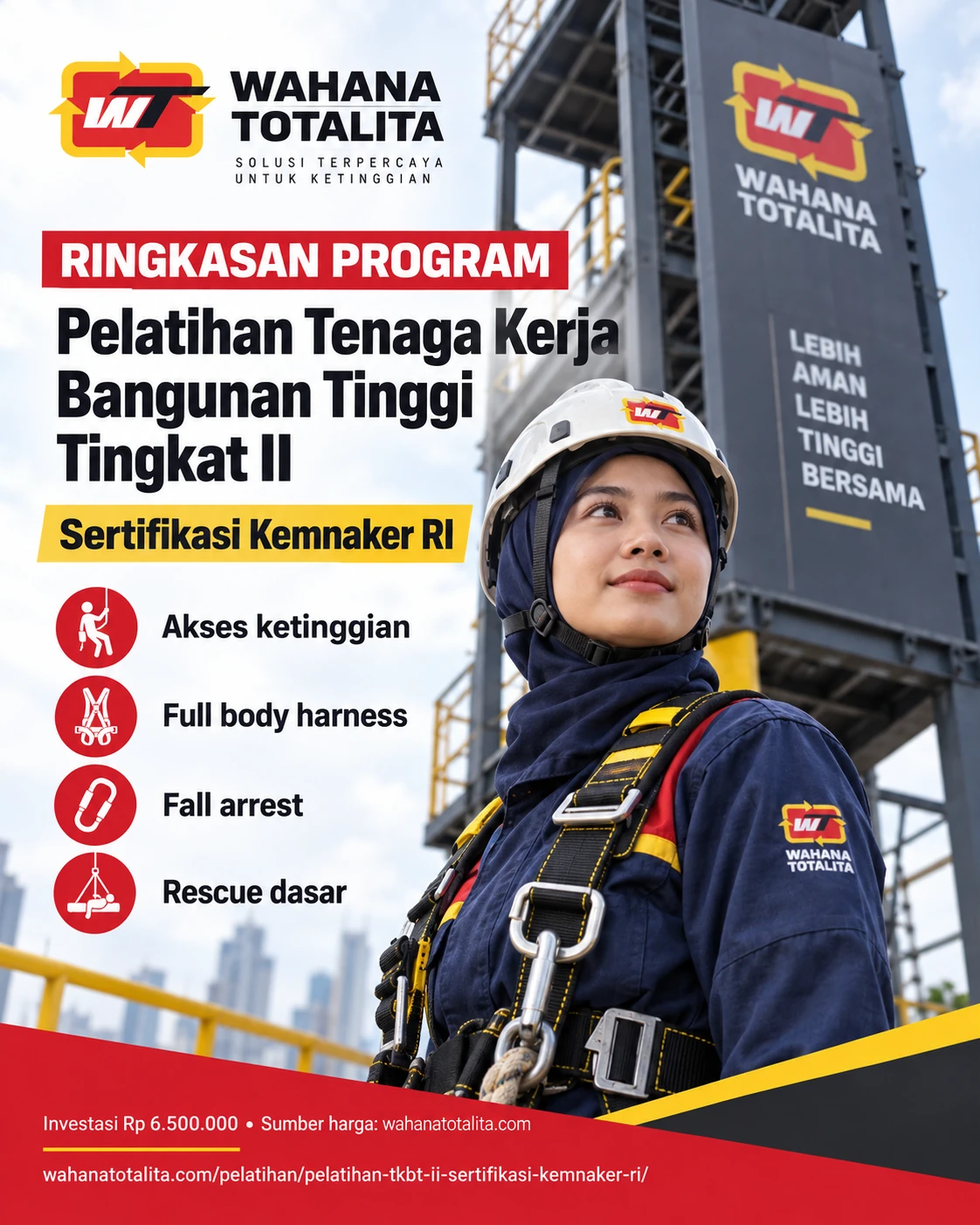 Poster Tenaga Kerja Bangunan Tinggi Tingkat II Sertifikasi Kemnaker RI — Ringkasan Program oleh Wahana Totalita