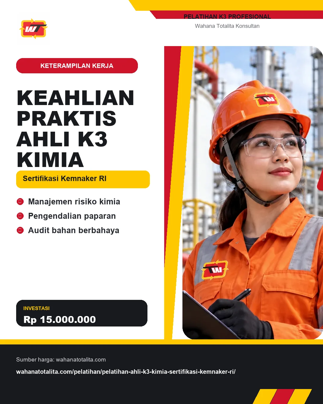 Keahlian Praktis Ahli K3 Kimia Sertifikasi Kemnaker RI dengan informasi Manajemen risiko kimia, Pengendalian paparan, Audit bahan berbahaya