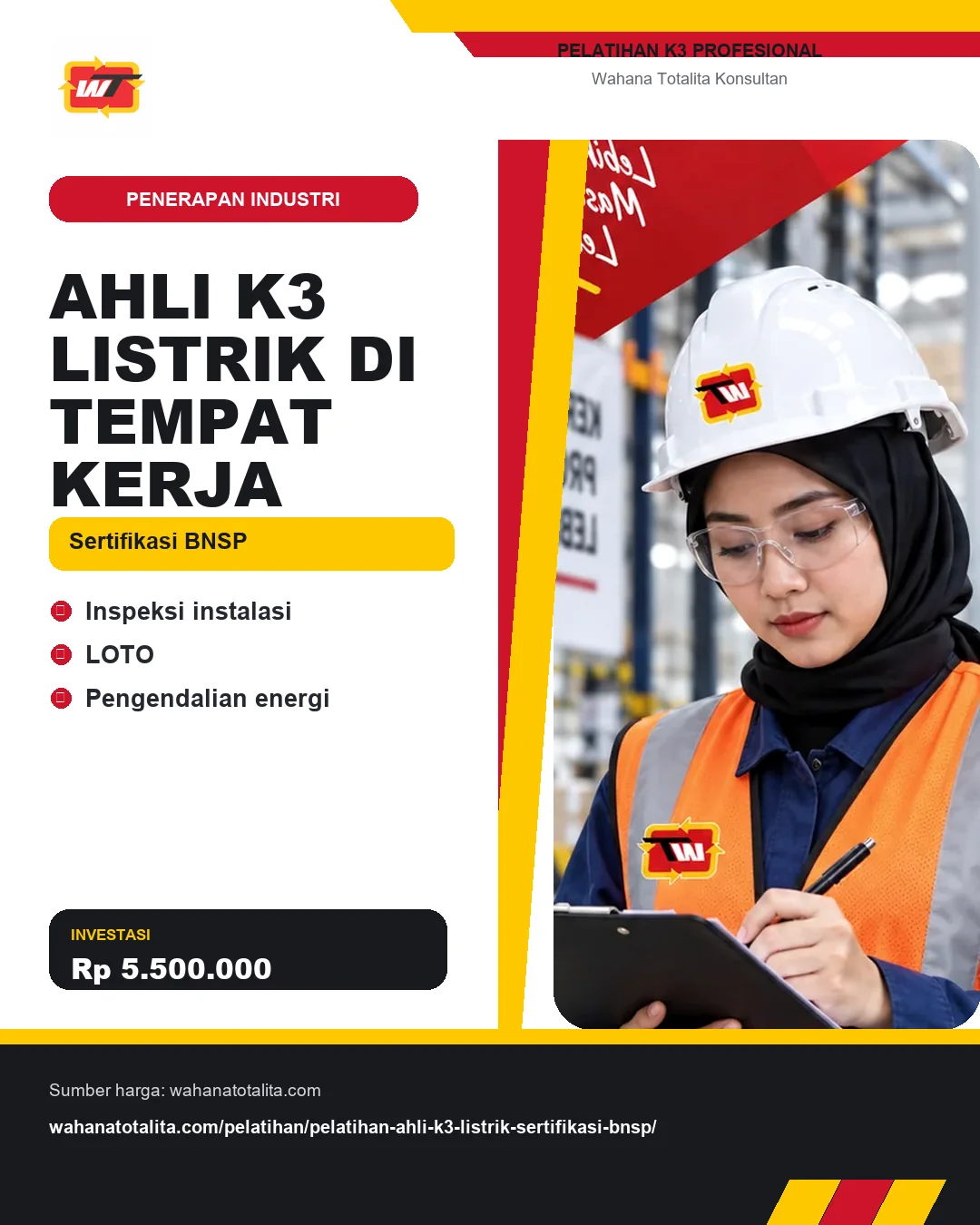 Ahli K3 Listrik di Tempat Kerja Sertifikasi BNSP dengan informasi Inspeksi instalasi, LOTO, Pengendalian energi
