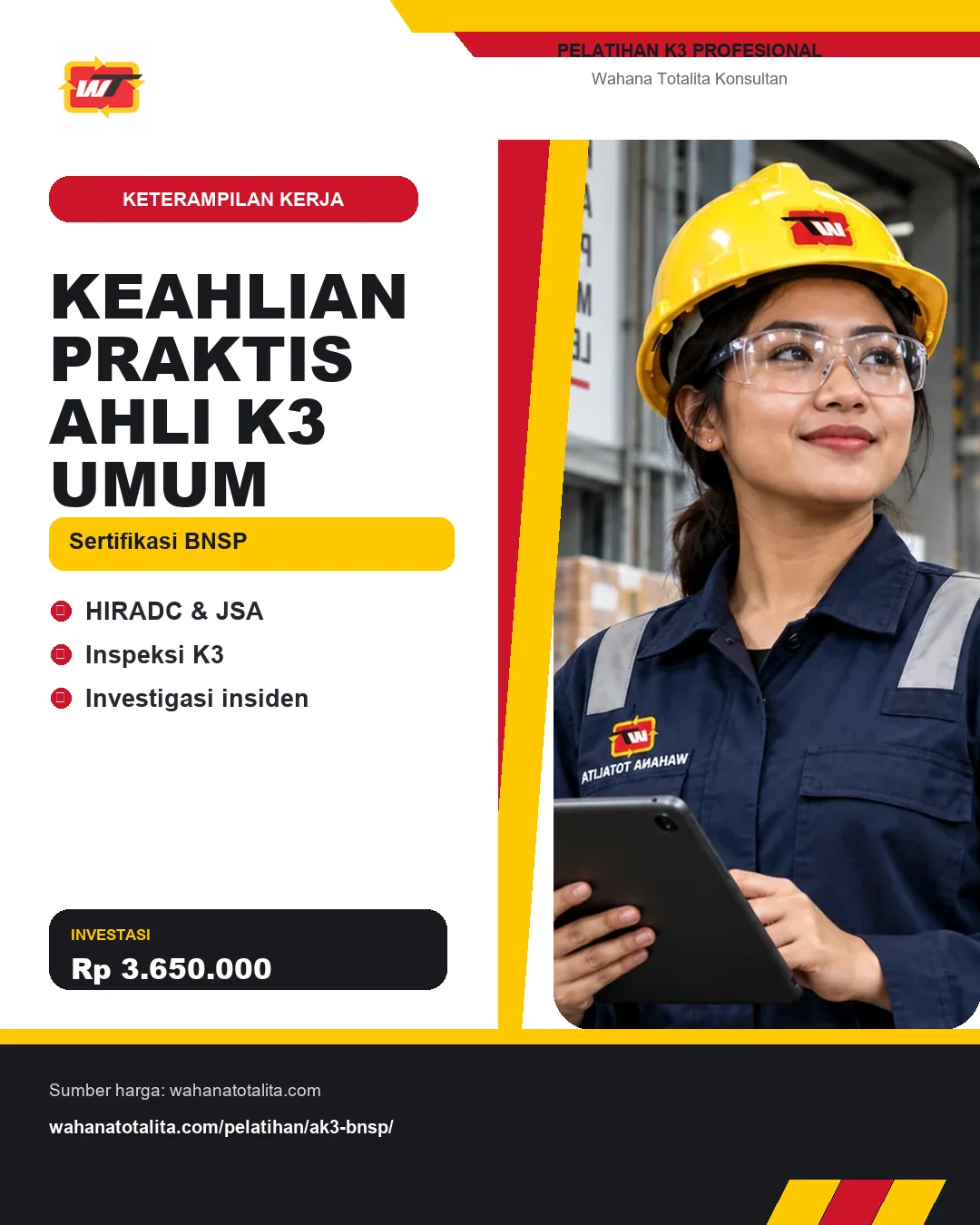 Keahlian Praktis Ahli K3 Umum Sertifikasi BNSP dengan informasi HIRADC & JSA, Inspeksi K3, Investigasi insiden