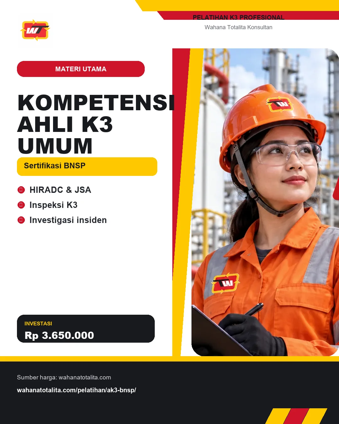 Kompetensi Ahli K3 Umum Sertifikasi BNSP dengan informasi HIRADC & JSA, Inspeksi K3, Investigasi insiden