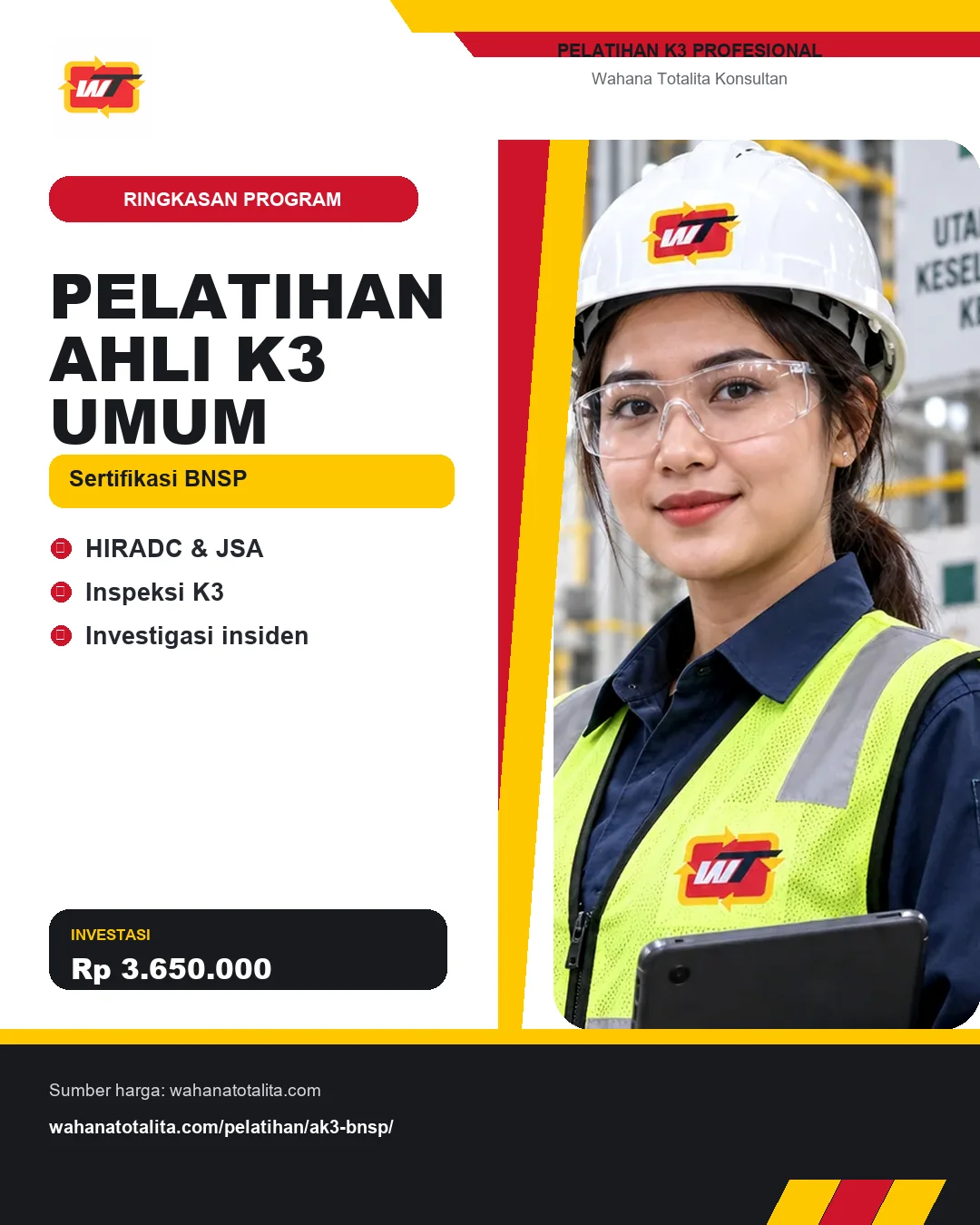 Pelatihan Ahli K3 Umum Sertifikasi BNSP dengan informasi HIRADC & JSA, Inspeksi K3, Investigasi insiden