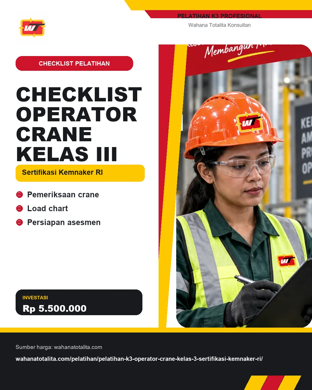 Checklist Operator Crane Kelas III Sertifikasi Kemnaker RI dengan informasi Pemeriksaan crane, Load chart, Persiapan asesmen