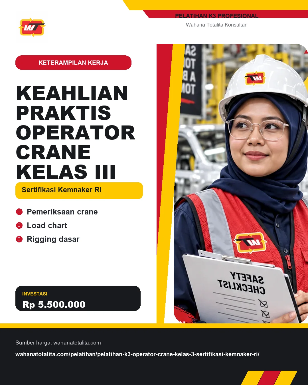 Keahlian Praktis Operator Crane Kelas III Sertifikasi Kemnaker RI dengan informasi Pemeriksaan crane, Load chart, Rigging dasar