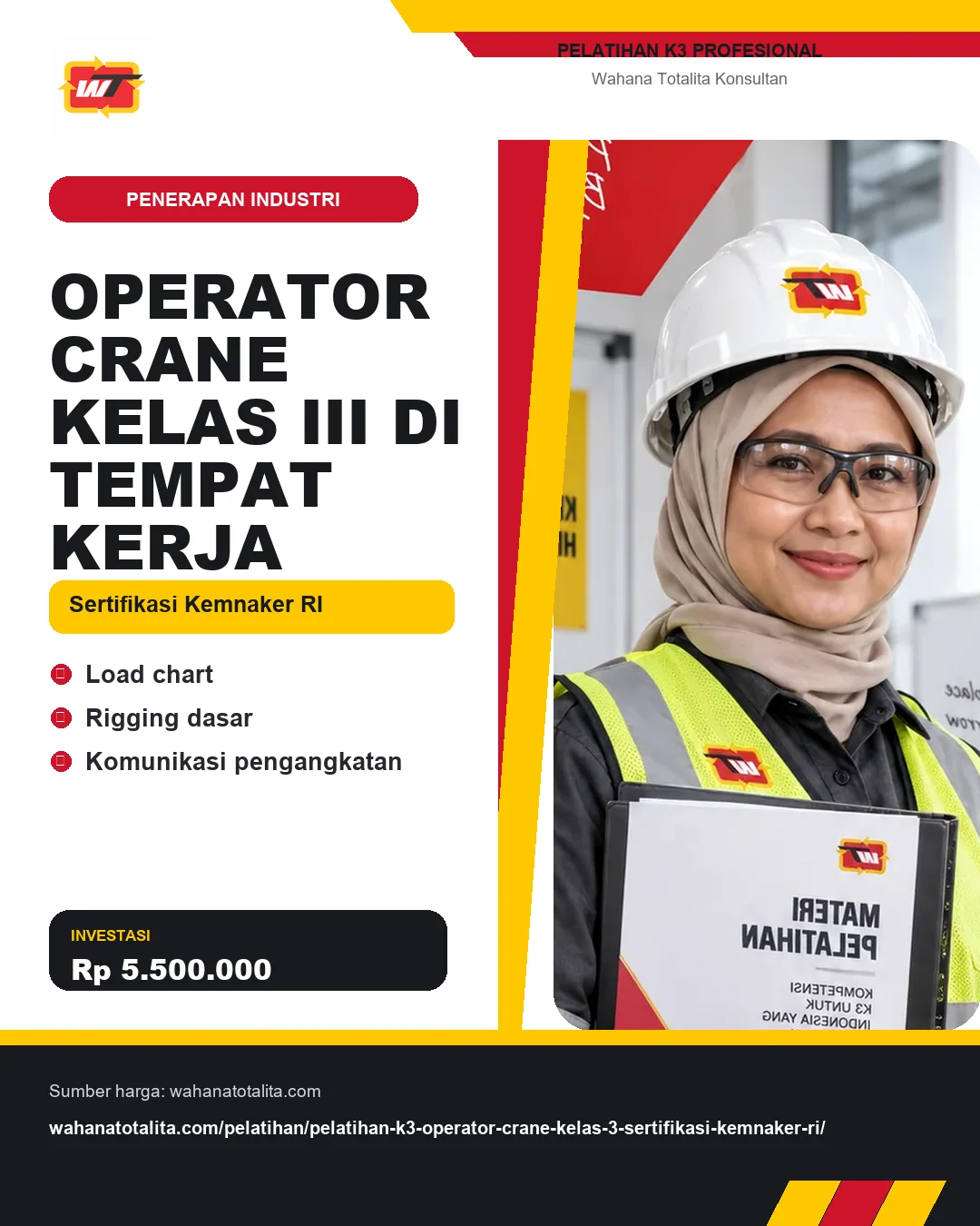 Operator Crane Kelas III di Tempat Kerja Sertifikasi Kemnaker RI dengan informasi Load chart, Rigging dasar, Komunikasi pengangkatan