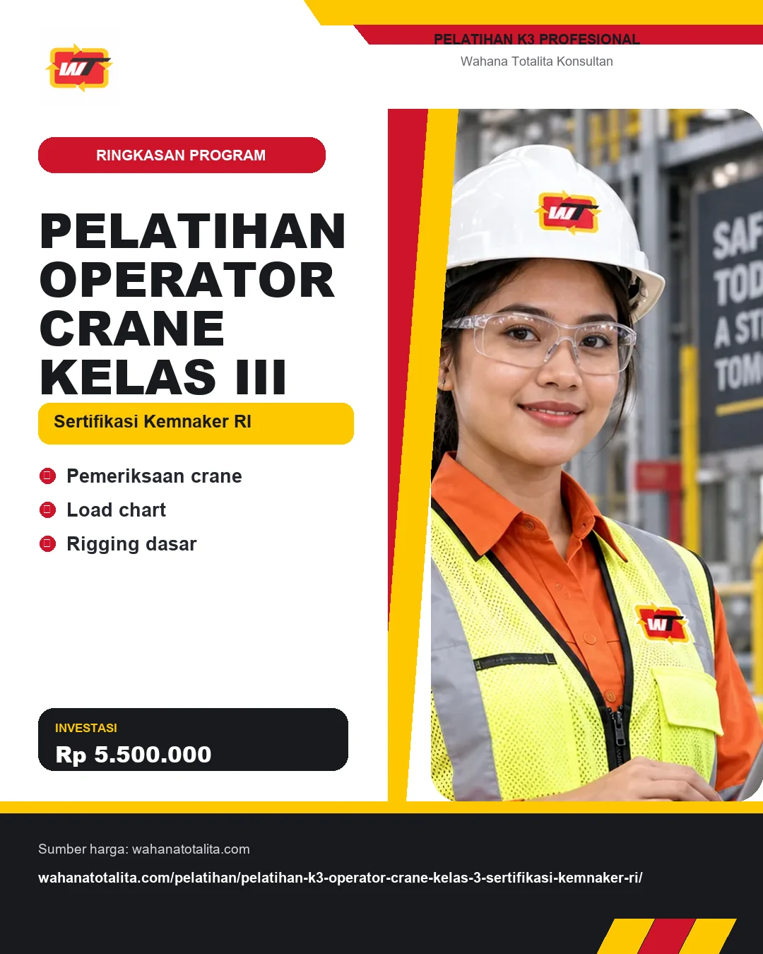 Pelatihan Operator Crane Kelas III Sertifikasi Kemnaker RI dengan informasi Pemeriksaan crane, Load chart, Rigging dasar