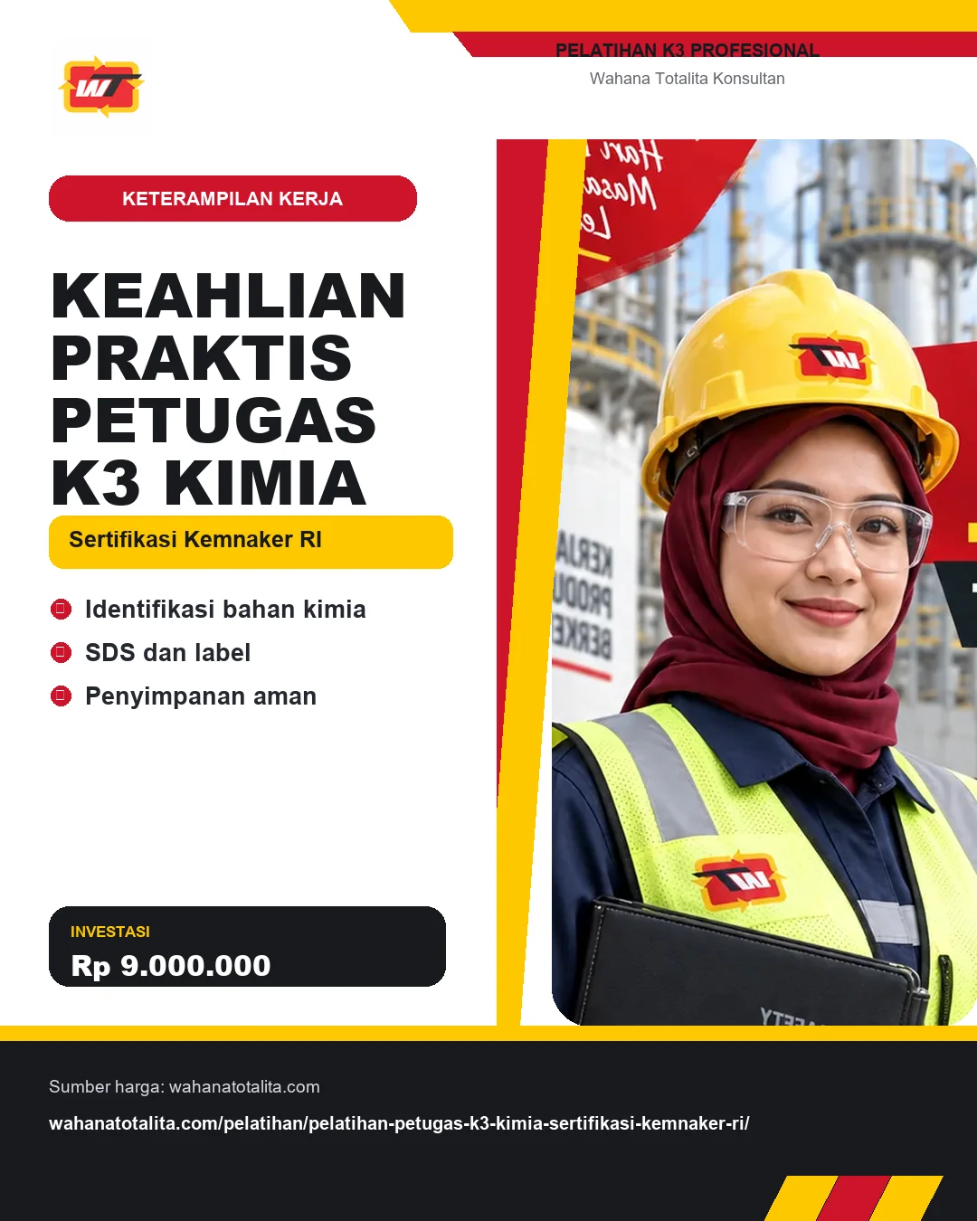 Keahlian Praktis Petugas K3 Kimia Sertifikasi Kemnaker RI dengan informasi Identifikasi bahan kimia, SDS dan label, Penyimpanan aman