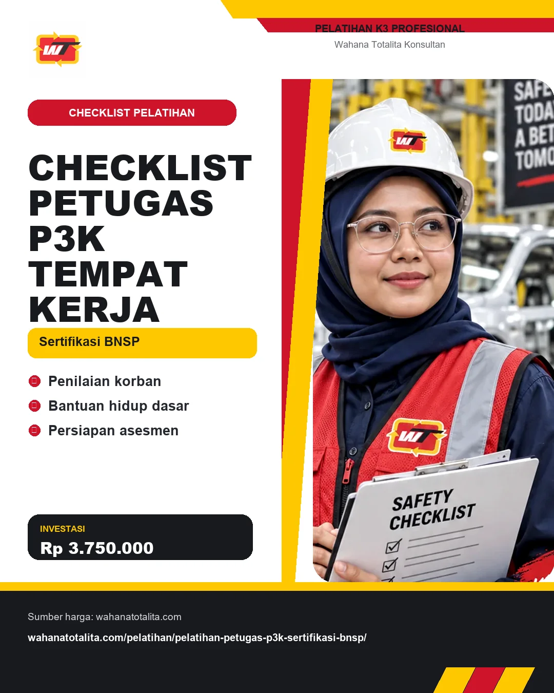 Checklist Petugas P3K Tempat Kerja Sertifikasi BNSP dengan informasi Penilaian korban, Bantuan hidup dasar, Persiapan asesmen