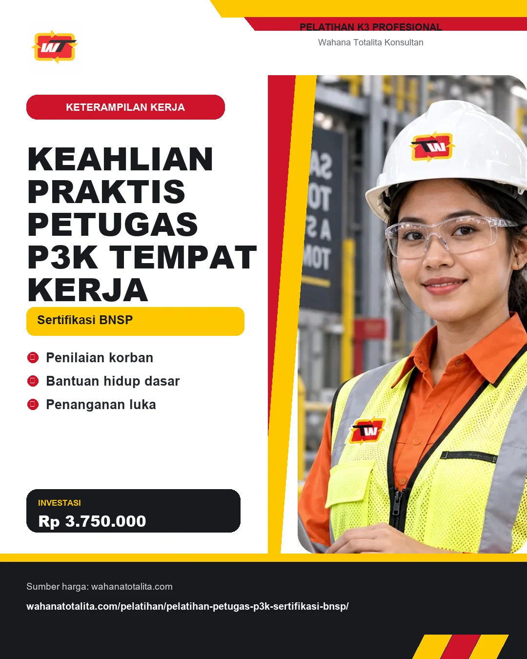 Keahlian Praktis Petugas P3K Tempat Kerja Sertifikasi BNSP dengan informasi Penilaian korban, Bantuan hidup dasar, Penanganan luka