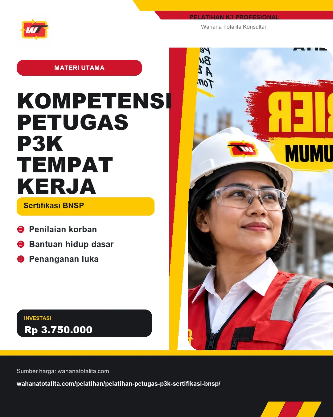 Kompetensi Petugas P3K Tempat Kerja Sertifikasi BNSP dengan informasi Penilaian korban, Bantuan hidup dasar, Penanganan luka