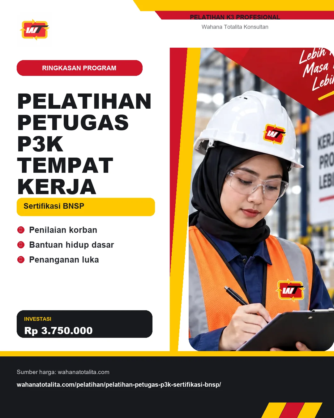 Pelatihan Petugas P3K Tempat Kerja Sertifikasi BNSP dengan informasi Penilaian korban, Bantuan hidup dasar, Penanganan luka