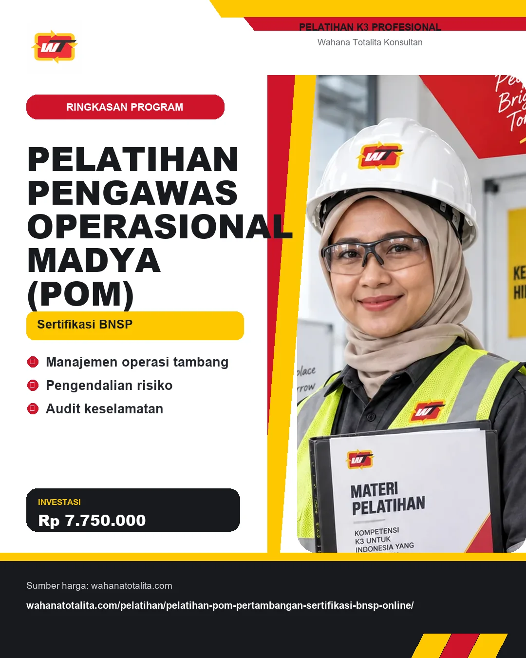 Pelatihan Pengawas Operasional Madya (POM) Sertifikasi BNSP dengan informasi Manajemen operasi tambang, Pengendalian risiko, Audit keselamatan